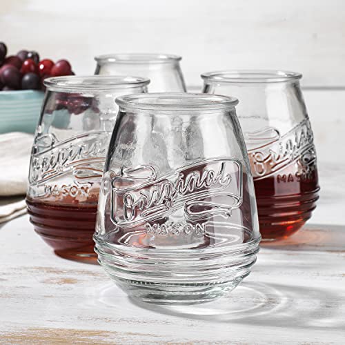 Glaver's Original Mason Vintage Stemless Wine or Bar Glasses, 21 Oz. Dishwasher Safe. Set of 4